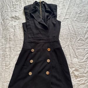 Sleeveless Black Double-Breasted Tuxedo Dress with Gold Buttons